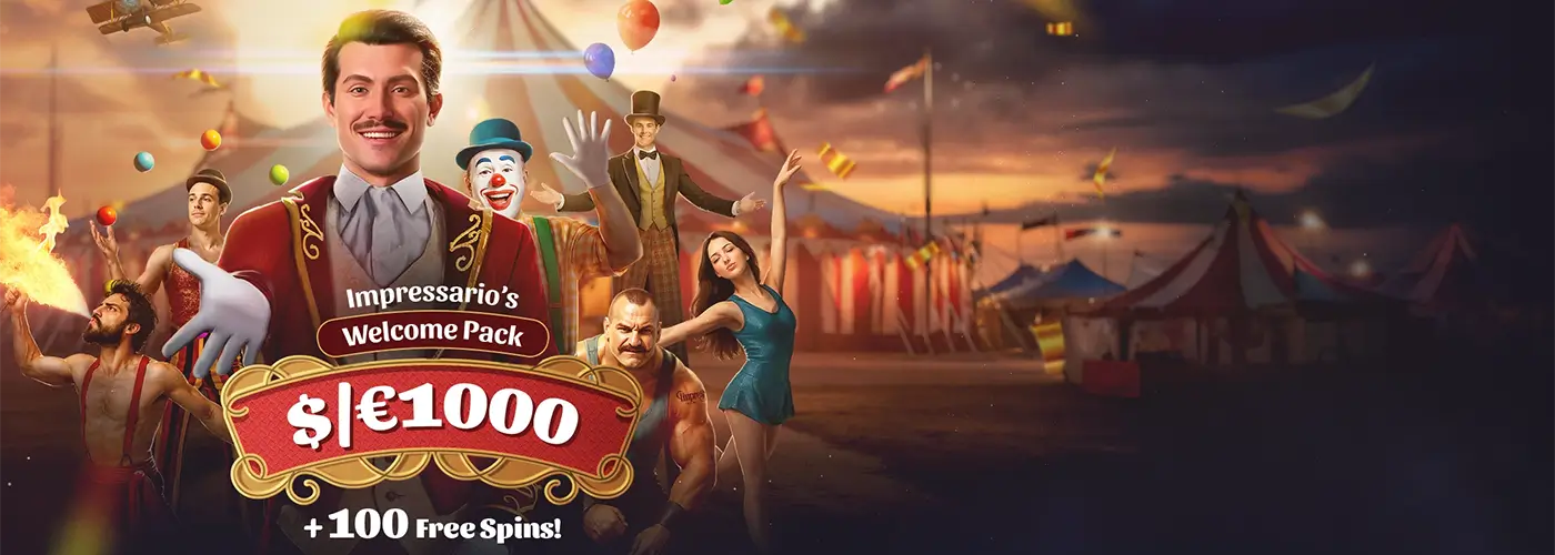 Impressario Casino – Welkomstpakket Banner Breed welkomstbonusbanner met een lachende circusdirecteur in rood kostuum, omringd door een clown, jongleur, acrobate en sterke man voor een circustent bij zonsondergang, met de tekst Impressario's Welcome Pack $|€1000 plus 100 Free Spins