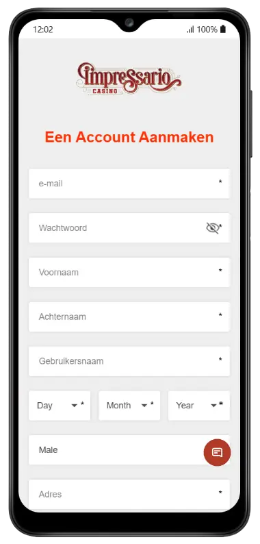 Impressario Casino – Account Aanmaken Formulier Mobiel registratieformulier van Impressario Casino met invulvelden voor e-mail, wachtwoord, voornaam, achternaam, gebruikersnaam, geboortedatum, geslacht en adres