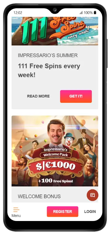 Impressario Casino – Promoties en Welkomstbonus Mobiele promotiepagina met een banner voor 111 gratis spins per week bij Impressario's Summer-actie en een welkomstbonusbanner met $|€1000 plus 100 gratis spins
